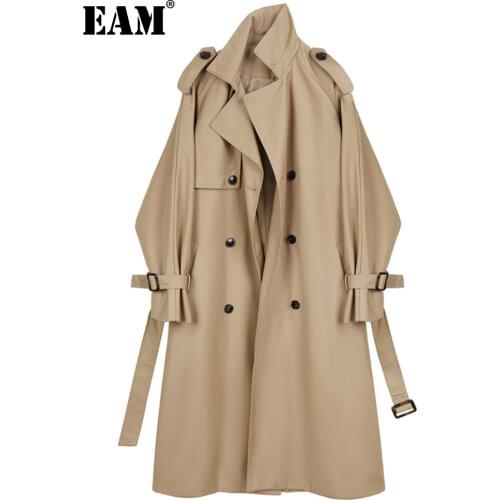 [EAM] Women Khaki Bandage Long Big Size Trench New Lapel Long Sleeve Loose Fit Windbreaker Fashion Spring Autumn 2021 1DC595