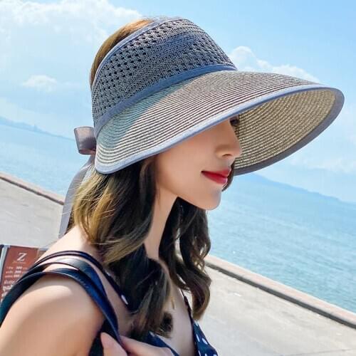 H7786 Lady Straw Hat Womens Beach Broad-Brimmed Hat Summer Sun Cap Travel Sun Protection Topless Hat Foldable Protection Hat