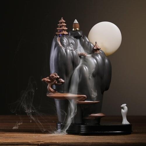 Smoke Back Flow Incense Burner Led Light Chinese High Quality Incense Burner Black Ceramic Encensoir Spiritual Decor EI50IB