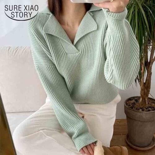Fashion Turn-down Collar Women Knitted Pullovers Autumn and Winter 2021 New Casual Chic Loose Sweaters Long Sleeve Tops 16647