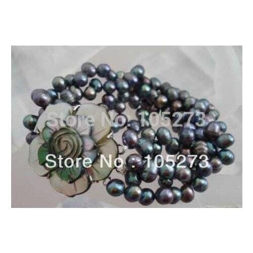 New Arriver Pearl Jewelry AA 7-8MM Black Color Baroque Shaper Natural Freshwater Pearl Bracelet 8inch Shell Flower Clasp