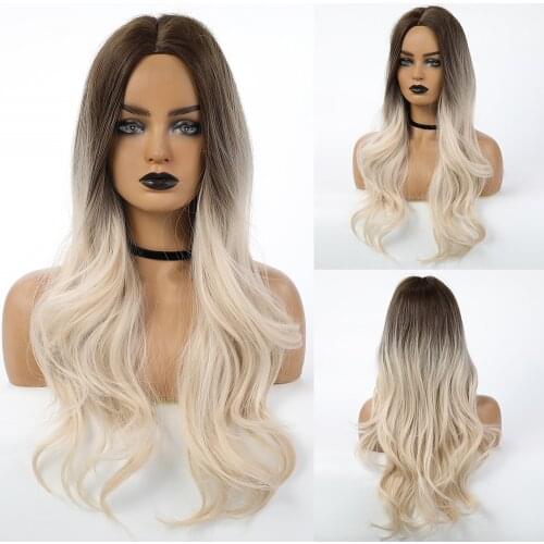 Long Body Wave Wigs Ombre Brown Light Blonde Platinum Middle Part Wig for Women Cosplay Natural Heat Resistant Synthetic Hair