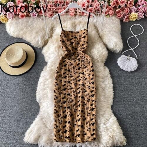 Korobov V Neck Spaghetti Strap Dress Women Flower Pattern Slim Waist Vintage Camisole Dresses 2021 New Summer Robe Femme 2D670