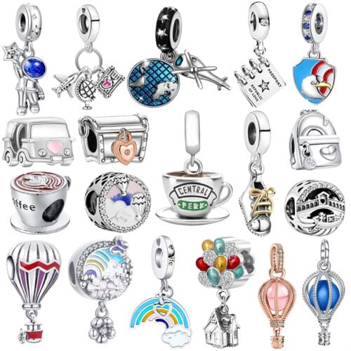Genuine 925 Sterling Silver Charm Heart Cat Travel Beads Fit Original Pandora Bracelet Jewelry Making DIY Gift