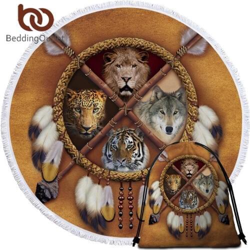 BeddingOutlet Wolf Dreamcatcher Round Beach Towel With Backpack Bag Tribal Bath Towel Tassels 3D Wild Animal Beach Mat 150cm Dro