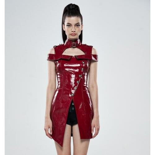 PUNKRAVE Womens Punk Bright Patent Leather Short Dress Handsome Sexy Hollow Stage Performance Club High Waist Dress