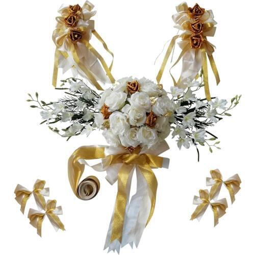 Luxury Wedding Car Decorations Kit DIY Artificial Silk Flower Ribbon Bows Set Photo Prop Wedding Flower Floristry Car Decor