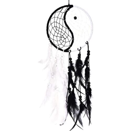 Handmade Yin Yang Dream Catcher Circular Net with Feathers Beads for Wall Car Hanging Decoration Ornament Craft Gift, Black and