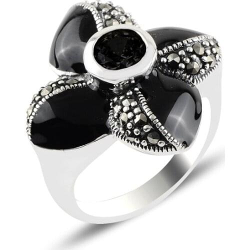 Silver 925 Sterling Marcasite, Zircon Stone & Enamel Ring