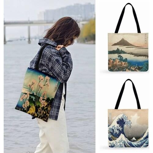 Fuji Thirty-six Scenery Print Tote Bag For Women Casual Tote Ladies Shoulder Bag Outdoor Beach Bag Japanese Ukiyo-e Shopping Bag
