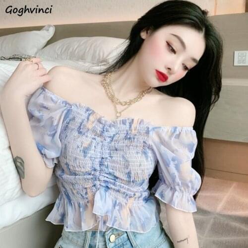 Cropped Blouses Women Chic Summer Short Puff Sleeve Patchwork All-match Slim Elegant Design Stylish Student Korean Style Popular
