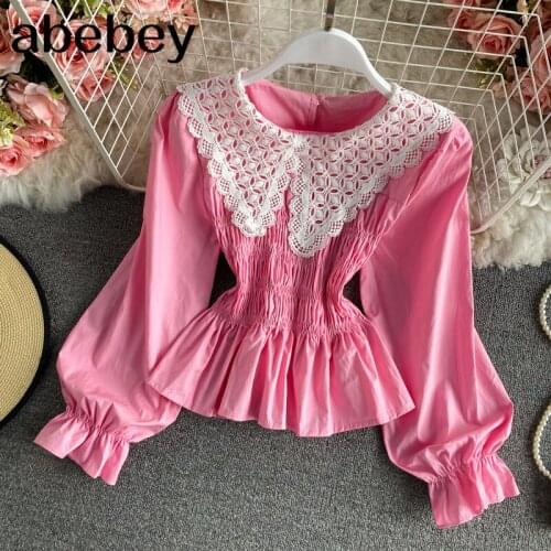 Women Korean Solid Blouses Design Hollow Peter Pan Collar Long Sleeve Ruffle Top Spring Elastic Ruched Streetwear Tops