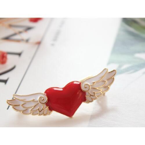 Women Girls Metal Alloy Enemal Card Capter Sakura Badges White Angel Wing Red Heart Pin Brooches For Coat Clothing On Backpack