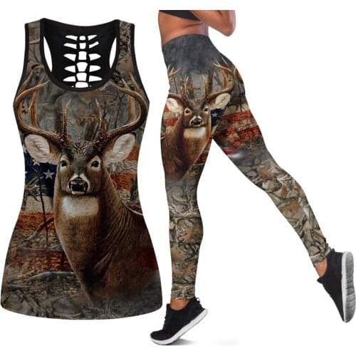 New summer womens tight yoga pants Hunting deer camouflage 3D print Leggings and Hollow out Tank Top Fashion casual Leggings