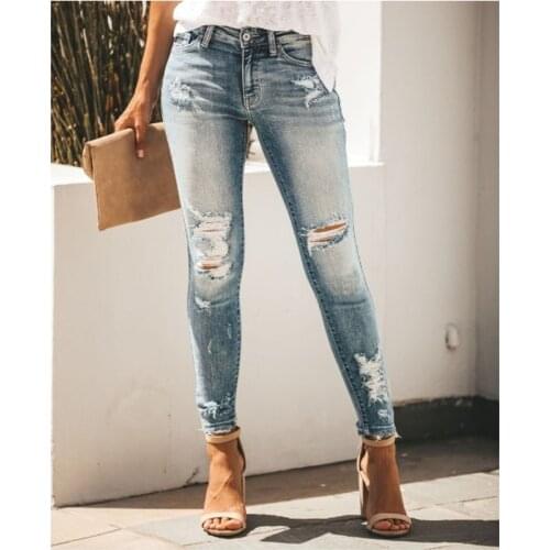 Hot Selling Retro Water Wash Make Old Womens Jeans Slim Tassel Ripped Jeans Mid Waist Jeans Pants Pencil Skinny Jeans S-3XL