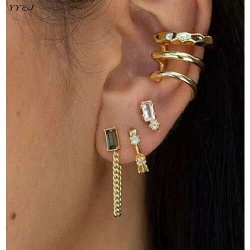 Black zirconia chain back hanging earring for women stainless steel gold square rectangle stone drop earring back pushing punk