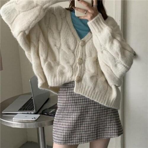 Womens Cardigan V-neck Korean Style Sweet Leisure All-Matching Thickened Candy Color Heavy Industry Twist Warm Sweater Color
