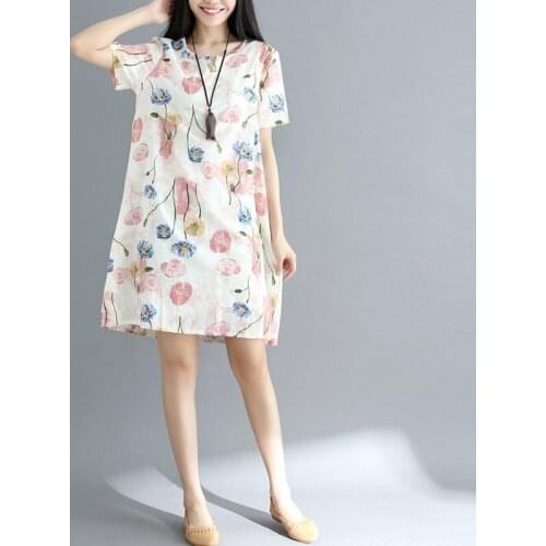 Women Summer Cotton Linen Casual Dress New Arrival 2021 Vintage Style Floral Print Loose Female Knee-length A-line Dresses B450