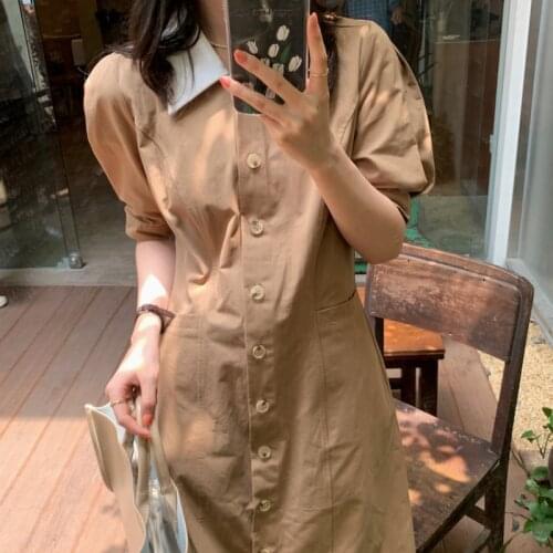 2021 New Women Summer Elegant Vintage Long Shirt Dress Patchwork Single Breasted Puff Sleeve Straight Maxi Sundress