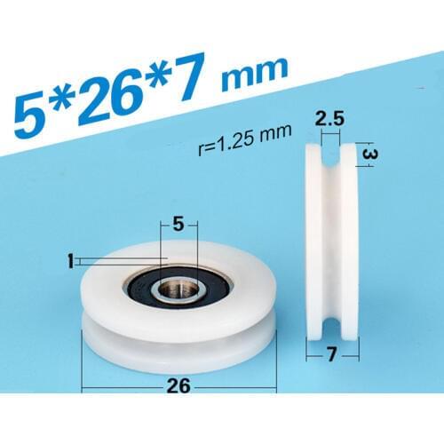 1pcs 5*26*7mm U groove 625RS bearing pulley, 2.5mm over-wire guide wheel, nylon plastic groove wheel