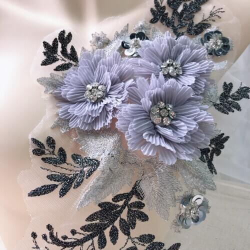 3D Grey Flower Rhinestone Lace Applique Embroidered Sequin Beaded Lace Patch Flower Sewing Trim collar Wedding Decor Dress DIY