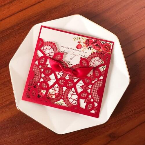 50 Piece/Lot Lace Wedding Invitation With Envelope DIY Red Shiny Laser Cut Birthday Greeting Card Print Bridal Shower Invites