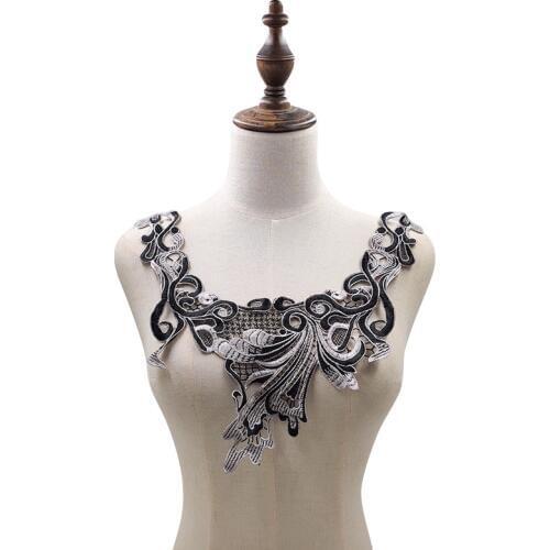Exquisite Silver Black Embroidery Guipure Sew Patch Flowers Floral Lace Collar Bust Dress Badge Evening Dress DIY Handicraft