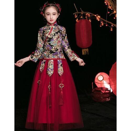 Chinese HanFu Dresses for Girls Flower Girl Wedding Bridesmaid Lace Embroidery Flower Dress Kids Cheongsam New Year Dress