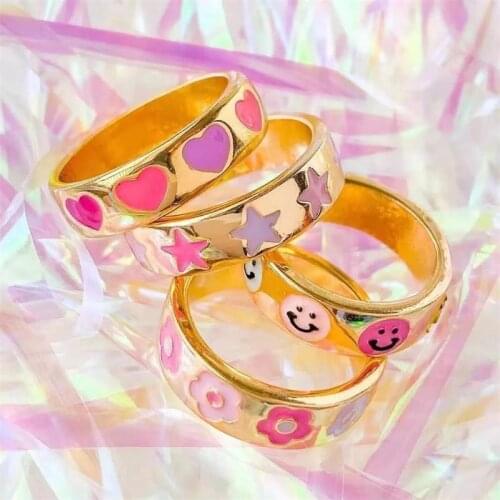 New Ins Stainless Steel Creative Simple Retro Colorful Smiley Flower Star Heart Ring For Women Girls Fashion Jewelry