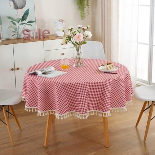 Plaid Round Tablecloth Table Cover lace Tassel Cotton Linen Picnic Cloth modern table cloth Red Background sweets Table Decor