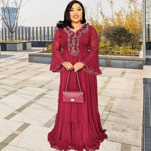 Fashion African Party Dresses Women Dot Print Maxi Fishtail Dress Flared Sleeve Elegant Slim Evening Vestidos Nigerian Clothes