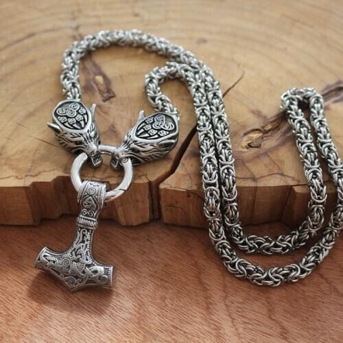 Men necklace viking wolf head with thors hammer mjolnir necklace stainless steel pendant norse talisman ethnic jewelry