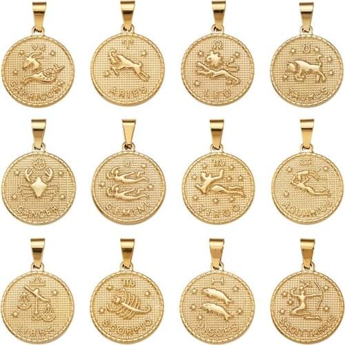 12pcs/set 304 Stainless Steel Pendant Sets Flat Round with Twelve Constellation/Zodiac Sign for Jewelry Making 29x25x3.2mm