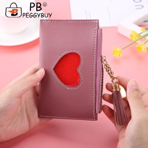 Portable Women PU Leather Wallet Multi Layers Card Holder Casual All-match Solid Color Love Tassel Mini Purse Fashion Zipper Bag