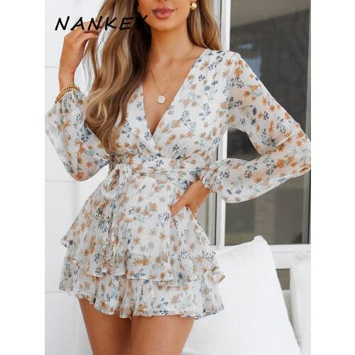 NANKEY Chiffon V Neck Women Romper Playsuit Summer Casual Jumpsuits 2021 Fashion Print Short Sets Outfit