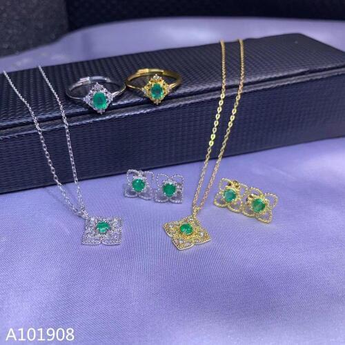 KJJEAXCMY boutique jewelry 925 sterling silver inlaid Natural Emerald Necklace Earring Ring Set Support Test beautiful
