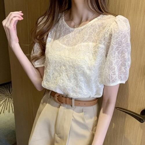 Casual Spring Summer Hollow Out Embroidery Blouse Women Bubble Sleeves Round Neck Blouses Elegant Office Lady Tops
