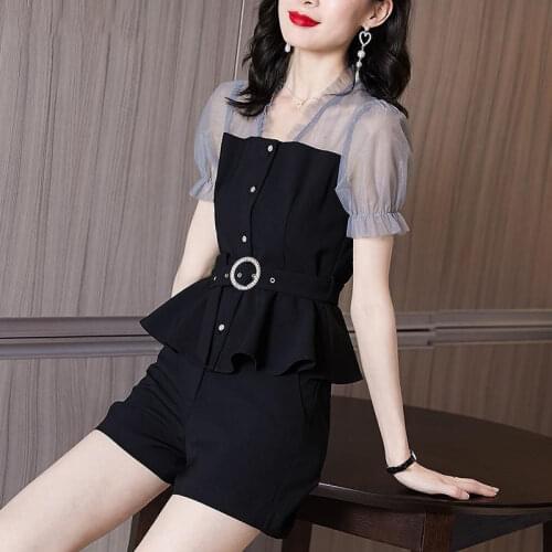 Women Elegant Two Piece Chiffon Sets Slim Business Clothes Office Lady 2020 Summer Blouses Shirts With Belt+Short Pants Suits