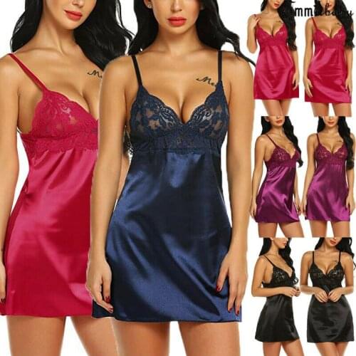 Womens Night Short Dress Nightgown Satin Silk Lace Lingerie Pajamas Sleepwear Women Dress 2021 Summer Sexy Underwear XL