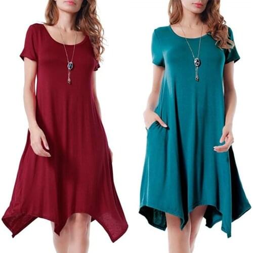 Irregular Summer Dress Solid Color O-neck Pocket Dresses for Women Short Sleeve Casual Midi Vestidos Plus Size Red Robe Femme