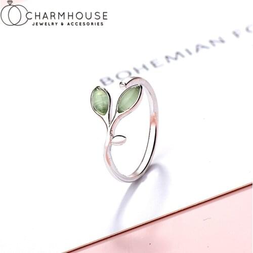 Pure Silver 925 Finger Rings For Women Opal Leaf Ring Adjustable 2021 Rhinestone Jewelry Accessories Party Gifts Bijoux