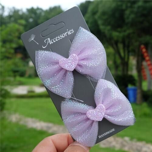 2pcs/set Girls' Colored Yarn Bows Hair Clip Kids Hairpin Shiny Heart Barrettes Princess Headwear Children Hair Accessorie Fasion