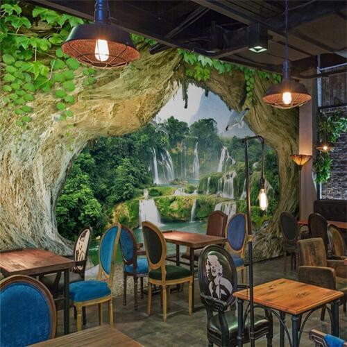 Custom 3d Photo Wallpaper Nature Big Tree Hole Space Wall Mural 3D Three-dimensional Waterfall Landscape Mural Wallpaper 3D
