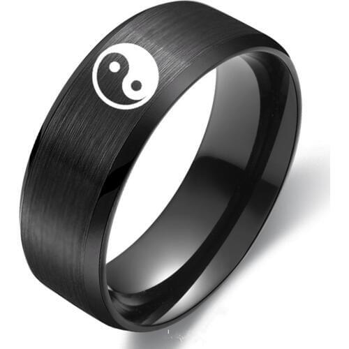 Freeship Fashion Jewelry 8 mm Mens Gossip Stainless Steel Ring Yin Yang Symbol Black Wedding Party High Quality Rings for Men