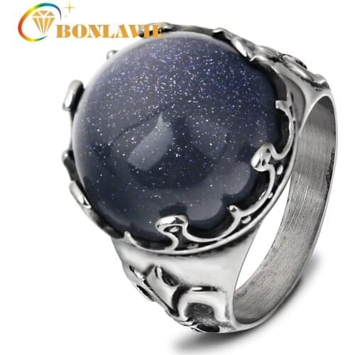 BONLAVIE Shiny Blue Stone Titanium Ring Trendy Cocktail Ring for Men Fashion Jewerly