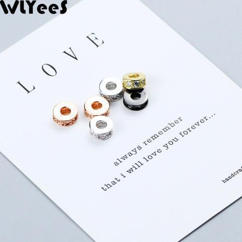 WLYeeS 4pcs 7.5mm flat Round Metal Spacer Loose beads 4 Colors Coin Shape Pave CZ Copper beads For jewellery bracelet making DIY