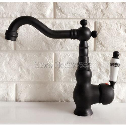 Swivel Spout Black Oil Rubbed Brass Bathroom Faucet Deck Mount Single Handle Cold and Hot Water Taps Basin / Sink Faucets lnf357