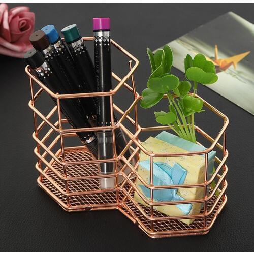 2019 New Rose Gold Hollow Pen Pencil Pot Holder Makeup Brushes Storage Desk Organiser Container Organizer Desk Stationery Decor