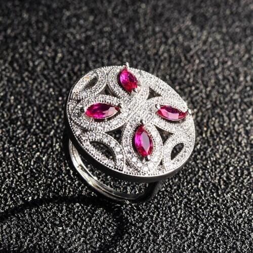 Europe America Vintage Rings Inlay Crystal Red Zircon Geometric Creative Compass Flower Jewelry For Women Wedding Anniversary