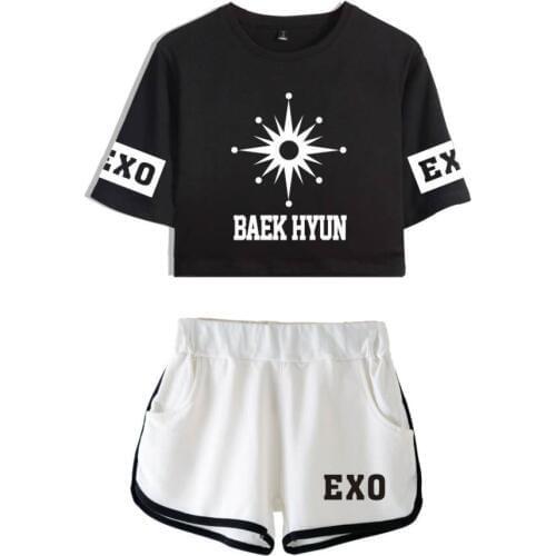 EXO 2018 Cool Summer Two Piece Sets For Women T-shirts EXO Kpop Fashion Print Suit Casual Sexy Cotton Crop Tops&Shorts Sets